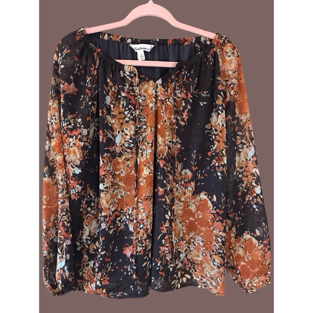 Tantrums Womens Sz‎ M Brown Floral Peasant Top Fairy Cottagecore Business Boho